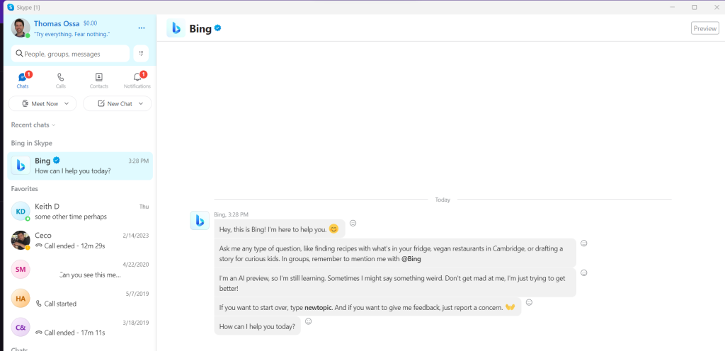 Screenshot of Skype with ChatGPT introducing itself.